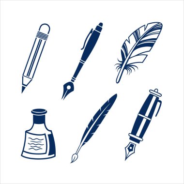 Kalem, tüy kalem, dolmakalem, fırça, keçeli kalem, mekanik kalem ve boya tüpü de dahil olmak üzere temiz ve modern vektör simgeleri kümesi. Tasarım, sanat ve eğitim projeleri için ideal.