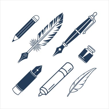 Kalem, tüy kalem, dolmakalem, fırça, keçeli kalem, mekanik kalem ve boya tüpü de dahil olmak üzere temiz ve modern vektör simgeleri kümesi. Tasarım, sanat ve eğitim projeleri için ideal.