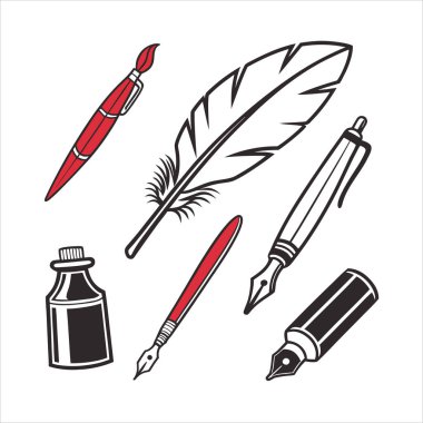 Kalem, tüy kalem, dolmakalem, fırça, keçeli kalem, mekanik kalem ve boya tüpü de dahil olmak üzere temiz ve modern vektör simgeleri kümesi. Tasarım, sanat ve eğitim projeleri için ideal.