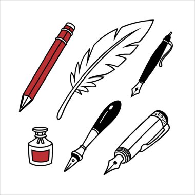 Kalem, tüy kalem, dolmakalem, fırça, keçeli kalem, mekanik kalem ve boya tüpü de dahil olmak üzere temiz ve modern vektör simgeleri kümesi. Tasarım, sanat ve eğitim projeleri için ideal.