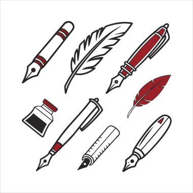 Kalem, tüy kalem, dolmakalem, fırça, keçeli kalem, mekanik kalem ve boya tüpü de dahil olmak üzere temiz ve modern vektör simgeleri kümesi. Tasarım, sanat ve eğitim projeleri için ideal.