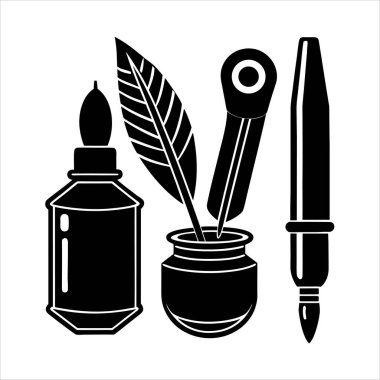 Kalem, tüy kalem, dolmakalem, fırça, keçeli kalem, mekanik kalem ve boya tüpü de dahil olmak üzere temiz ve modern vektör simgeleri kümesi. Tasarım, sanat ve eğitim projeleri için ideal.