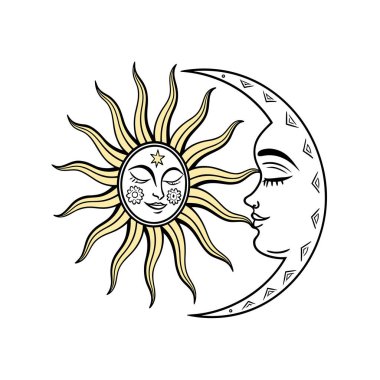 Güneş ve ayın minimum vektör çizimi denge, uyum ve kozmik enerjiyi sembolize eder. Astroloji tasarımları, ruhani sanat, posterler, logolar ve modern dekoratif projeler için ideal..
