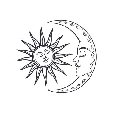 Güneş ve ayın minimum vektör çizimi denge, uyum ve kozmik enerjiyi sembolize eder. Astroloji tasarımları, ruhani sanat, posterler, logolar ve modern dekoratif projeler için ideal..