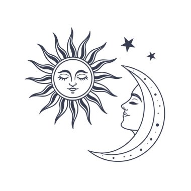 Güneş ve ayın minimum vektör çizimi denge, uyum ve kozmik enerjiyi sembolize eder. Astroloji tasarımları, ruhani sanat, posterler, logolar ve modern dekoratif projeler için ideal..