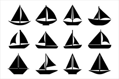 Saf siyah yelkenli tekne ikonu seti minimum deniz silueti içeriyor. Logolar, uygulamalar, bilgi grafikleri, web ve baskı tasarımı, sunumlar ve deniz veya seyahat temalı projeler için ideal.