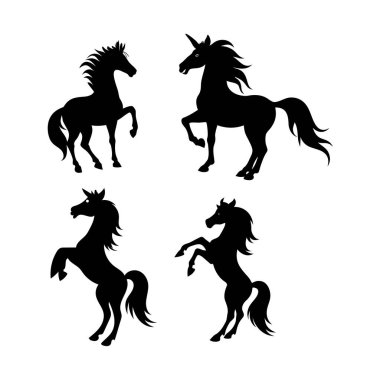 Pegasus ve tek boynuzlu atların yer aldığı fantezi at siluetleri. Logolar, baskılar, posterler ve tasarımlar için beyaz zemin üzerinde güçlü pozlar içeren zarif mitolojik at vektör koleksiyonu.