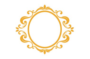 Akan simetrik kaydırma ve ayna benzeri altın yansımaları içeren zarif kraliyet oval altın süslemesi. Yüksek detaylı dekoratif çerçeve beyaz arka planda izole.