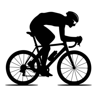 Dinamik pozla tasvir edilen bisikletçi, şık, modern bir bisikletin silüetinde hız ve çevikliği vurguluyor. Yüksek kalite, profesyonel, zarif, canlı, canlı ve canlı.