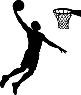 Siyah siluet topu batıran bir basketbolcuyu resmediyor..