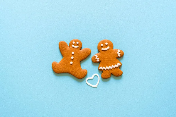 Homemade Gingerbread Cookies Decorated Icing Sugar Isolated Blue Background Christmas — Stock Photo, Image