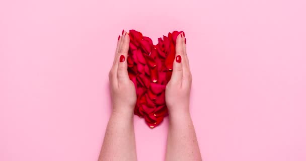 Femme Faisant Cœur Rouge Avec Des Pétales Rose Stop Motion — Video