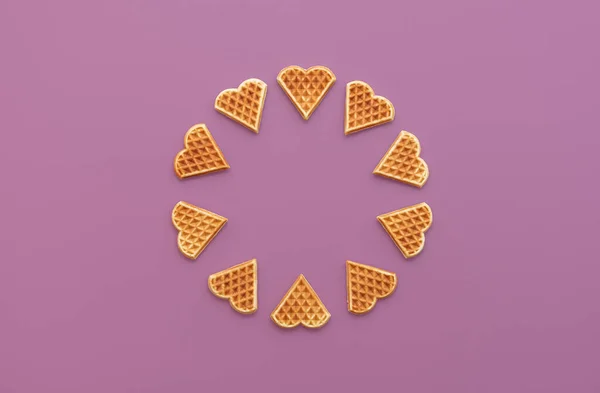 Belgian Waffles Arranged Circle Minimalist Purple Table Heart Shaped Waffles — Stock Photo, Image