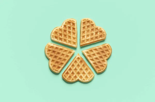 View Heart Shaped Isolated Green Mint Background Homemade Belgian Waffles — Stock Photo, Image