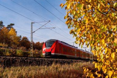 Alman bölgesel treni Nuremberg yakınlarında sonbahar doğasından geçiyor.