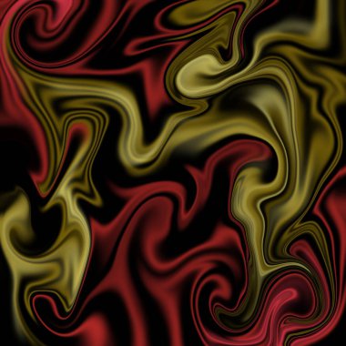 Siyah üzerinde parlak kırmızı ve altın kıvrımları olan soyut sıvı mermer arka plan. Lüks sıvı sanat dokusu ve modern tasarım projeleri.