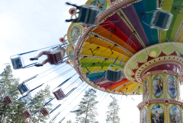 Kouvola, Finland 7 June 2016 - Ride Swing Carousel in motion in amusement park Tykkimaki — Stock Photo, Image