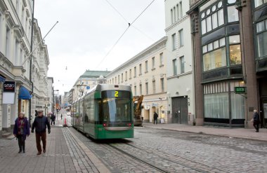 Helsinki, Finlandiya - 17 Kasım 2016: şehir street Tramvayda.