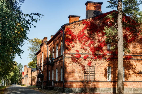 Vista Outonal Edifício Tijolo Vermelho Coberto Por Folhagem Vermelha Partenso — Fotografia de Stock