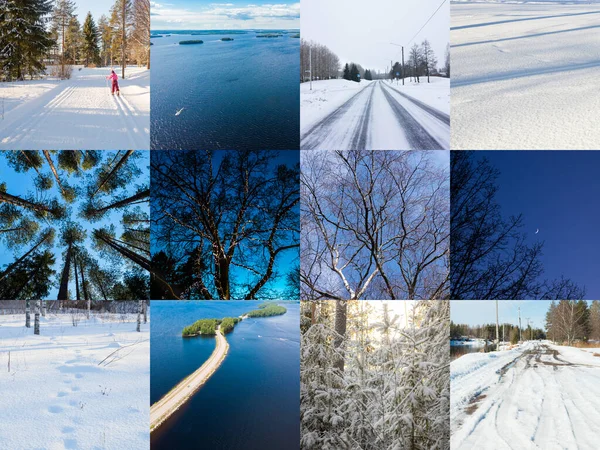 Collage of winter and summer nature photos in form of Finnish flag. Full size.