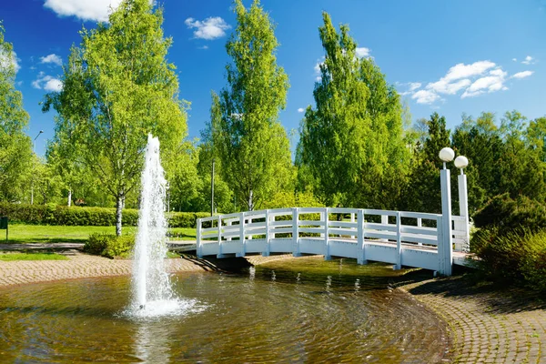 一个美丽的公园 有池塘 木桥和明媚夏日的喷泉 — 图库照片