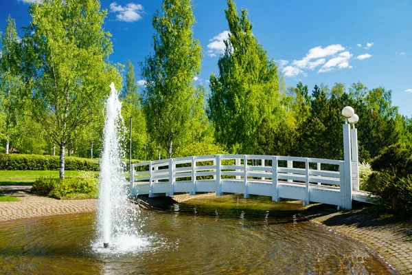 Hermoso Parque Con Estanque Puente Madera Una Fuente Soleado Día — Foto de Stock