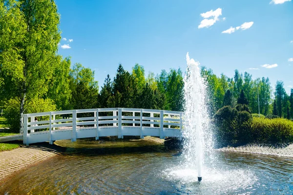 一个美丽的公园 有池塘 木桥和明媚夏日的喷泉 — 图库照片