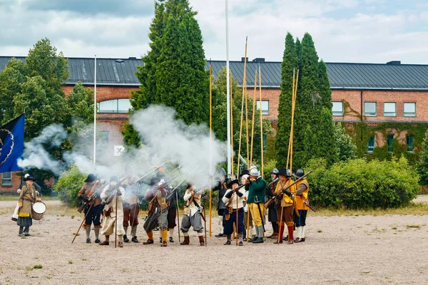 Kouvola Finlândia Agosto 2021 Performance Livre Medieval Market Festival Soldados — Fotografia de Stock