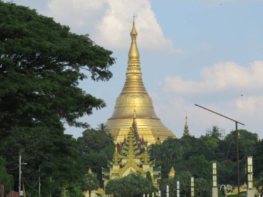 Shwedagon Pagoda 'nın altın kubbesi Yangon' da ağaçların arkasında.