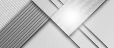 Üst üste binen beyaz ve gri geometrik şekilleri köşegen çizgiler ve ince gölgeler içeren modern bir soyut arkaplan