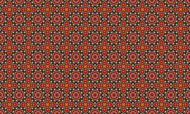 Geometrik tekstil arka planına sahip kusursuz bir etnik model tasarımı. Klasik çiçeklerin tekrarlanması, kırmızı ve kahverengi renkler.