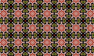 tekrarlayan bir dizaynda kırmızı daireler, yeşil üçgenler ve siyah arkaplan içeren bir geometrik desen