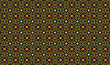 tekrarlanan bir dizayn içinde yeşil siyah ve sarı üçgenler ve kareler içeren bir geometrik desen
