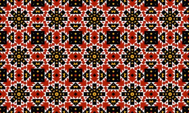 Geometrik şekilli kırmızı, siyah ve sarı renkli bir şekil simetrik ve tekrarlayan bir tasarım yaratıyor.