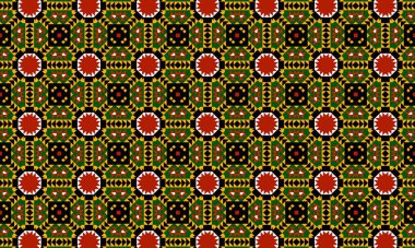 Kırmızı daireler, üçgenler, kareler ve yeşil, siyah, beyaz ve altın renkli diğer şekilleri içeren bir geometrik desen.