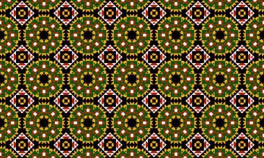 Siyah zemin üzerinde yeşil, sarı, kırmızı ve beyaz geometrik şekiller içeren simetrik bir desen.