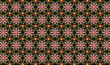 Siyah zemin üzerinde kırmızı, sarı, yeşil ve beyaz renkte yıldızları ve kareleri barındıran karmaşık bir geometrik desen