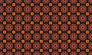 Siyah arkaplan, geometrik ve dekoratif kırmızı çiçek şekilleri ve sarı karelerin tekrarlanan deseni