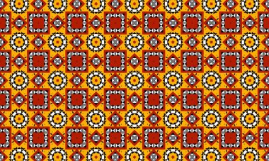 Kare daireler ve kırmızı sarı ve beyaz yıldızlar ile geometrik desen canlı bir tasarım yaratır.