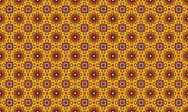 Sarı, kırmızı, beyaz ve siyah renklerin hakim olduğu çiçekli ve geometrik şekilli kompleks bir desen.