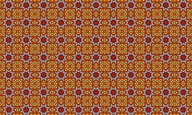 Kırmızı, beyaz ve siyah renklerde tekrarlayan geometrik şekiller içeren canlı ve karmaşık bir desen.