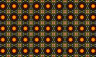 çok canlı renkler kullanarak siyah arkaplan üzerinde yıldızların kareleri ve üçgenleri ile karmaşık geometrik tasarım