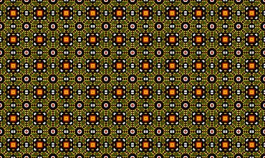 Kare daireli bir geometrik desen ve yeşil siyah turuncu ve beyaz renkli üçgenler tekrarlandı