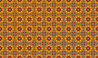 Kırmızı ve beyaz aksanlı sarı arkaplanda tekrarlanan yıldız ve kare deseni