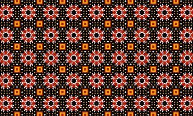 Kare dairelerin ve üçgenlerin koyu arkaplanda kırmızı sarı ve beyaz renklerde tekrarlanan bir deseni