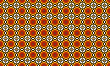 Kırmızı ve sarı çiçekli ve geometrik beyaz ve siyah aksanlı kompleks tekrarlayan desen.