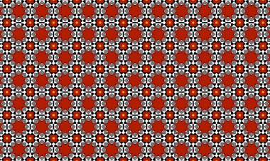 Kırmızı yıldızlar ve siyah ve beyaz şekiller içeren bir geometrik desen görsel olarak çekici bir tasarım yaratıyor.