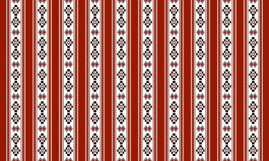 Dikey çizgiler ve kırmızı beyaz ve siyah renkli geometrik şekiller içeren kusursuz bir desen.