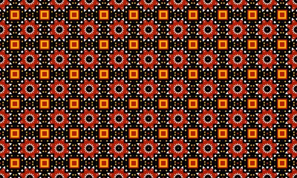 Siyah arkaplan, geometrik ve dekoratif kırmızı çiçek şekilleri ve sarı karelerin tekrarlanan deseni