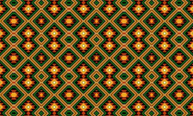 yeşil, altın, turuncu, beyaz ve siyah renkli geometrik şekillerle aztek biçimi yineleniyor